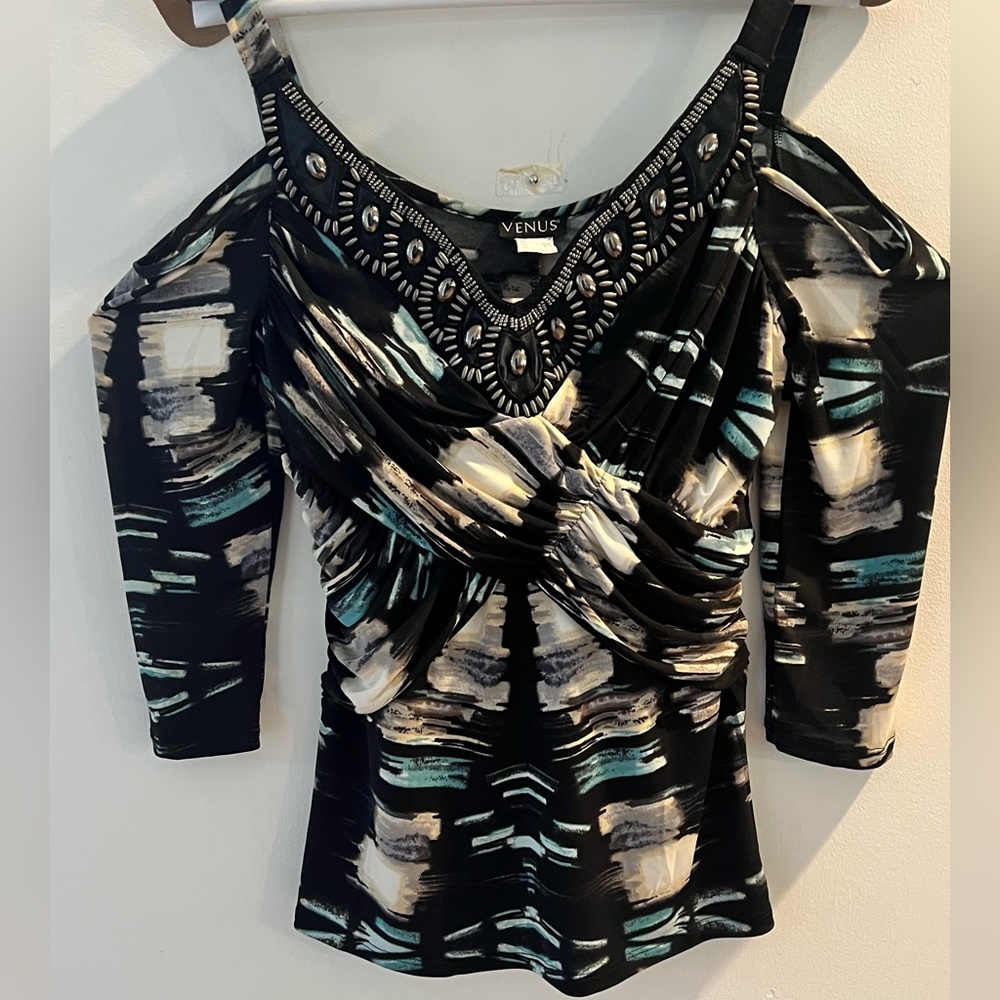 Venus Tops | Venus Women's Embellished Cold Shoulder Long Sleeve Top - M